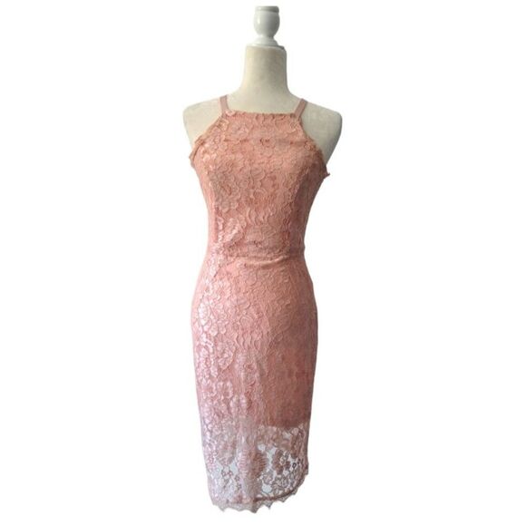 Lulu's Woman's Peach Pink Halter Lace Party Barbie Core Cocktail Dress Medium - Picture 3 of 8
